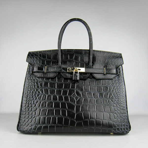 High Quality Fake Hermes Birkin 35CM Crocodile Veins Leather Bag Black 6089 - Click Image to Close